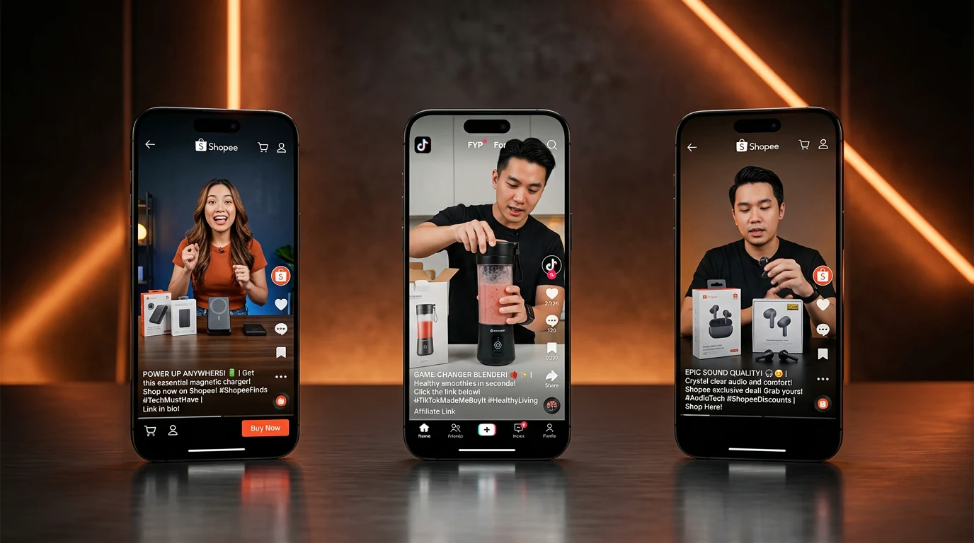 Grade de vídeos prontos e celular mostrando a biblioteca +Afiliados